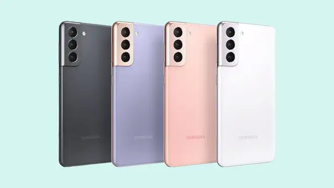 Four multicolored Samsung cell phones against a blue backdrop.