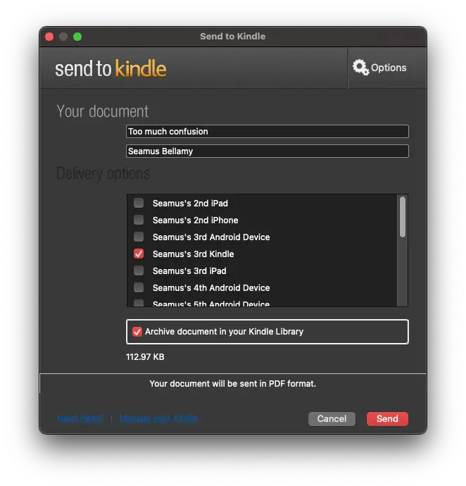 The Send to Kindle Mac OS interface