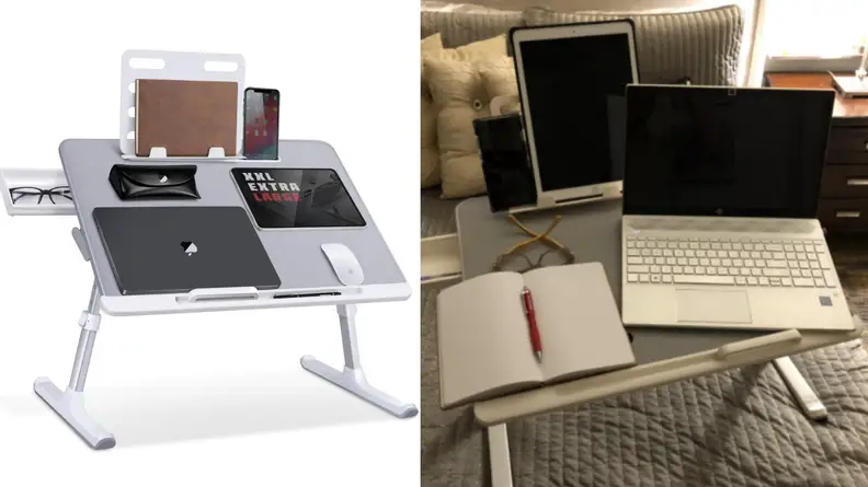 Saiji lap desk on white background / Saiji lap desk on a bed with laptop and notebook on it.