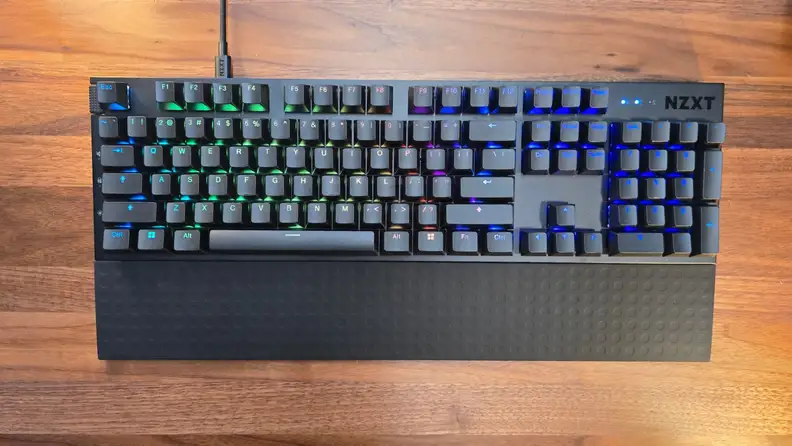 The NZXT Function 2 keyboard, with LED lights, lighting up the keyboard keys.