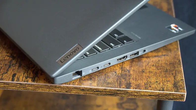 Close up view of the ports located on the left side of the Lenovo ThinkPad P14s Gen 4 laptop.