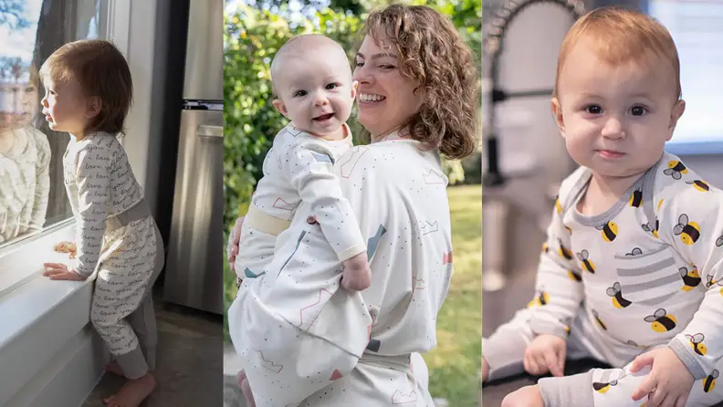 On left, child wearing pajama set looks out of window. In middle, mother and baby smiling together in matching pajamas. On right, child sitting on countertop while wearing bee printed pajamas.