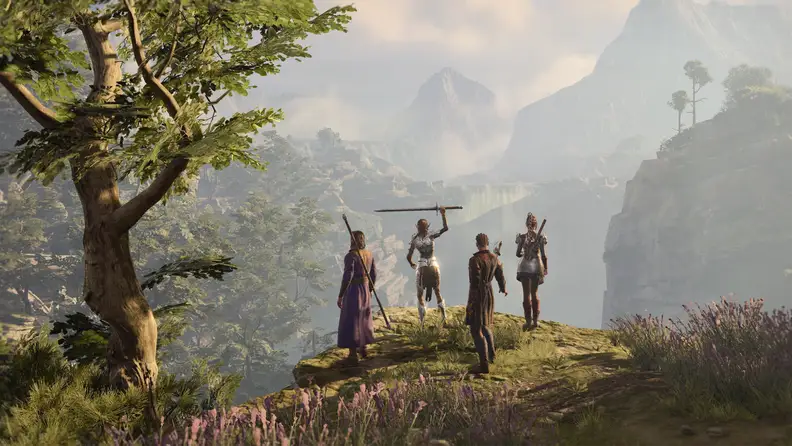 A baldur's gate party on a cliff overlooking a city
