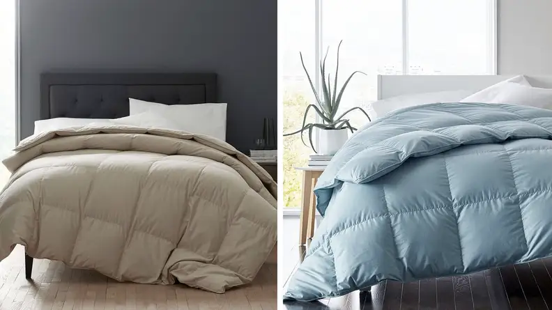 Two images of beds with comforters