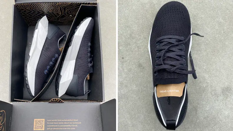 Split image of Allbirds Tree Flyers sustainable sneakers.