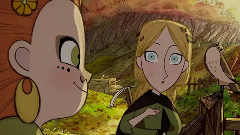 An image from the film Wolfwalkers featuring the two main characters speaking and a hawk next to them.