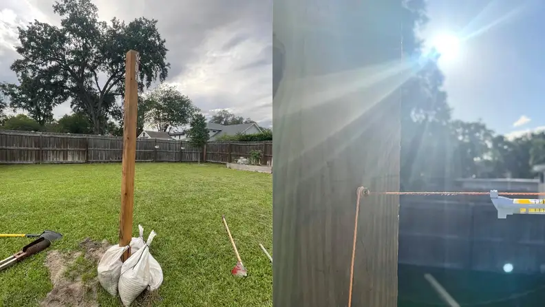 Side-by-side shots of wooden posts installed on the ground for a shade sail.