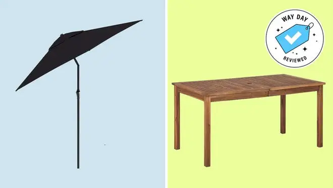 BLACK UMBRELLA AND WOODEN TABLE IIN COLLAGE