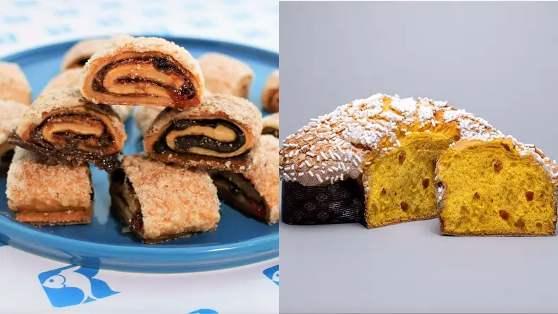 Left: pile of Polish rugelach on a plate. Right: Italian colomba with a slice detatched.
