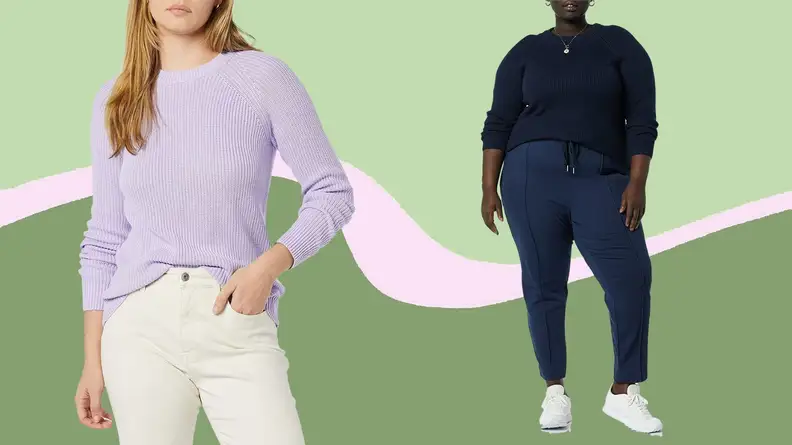 A woman in a lilac sweater and a woman wearing the same sweater in navy