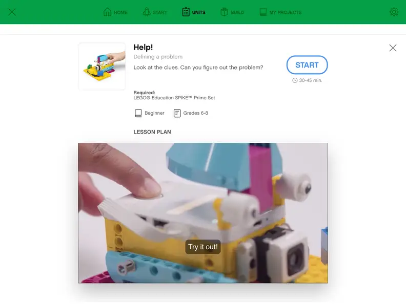 Each LEGO SPIKE challenge comes with an estimated time duration, some key summary phrases, and a video that gives kids an idea of what to expect in that specific lesson plan.