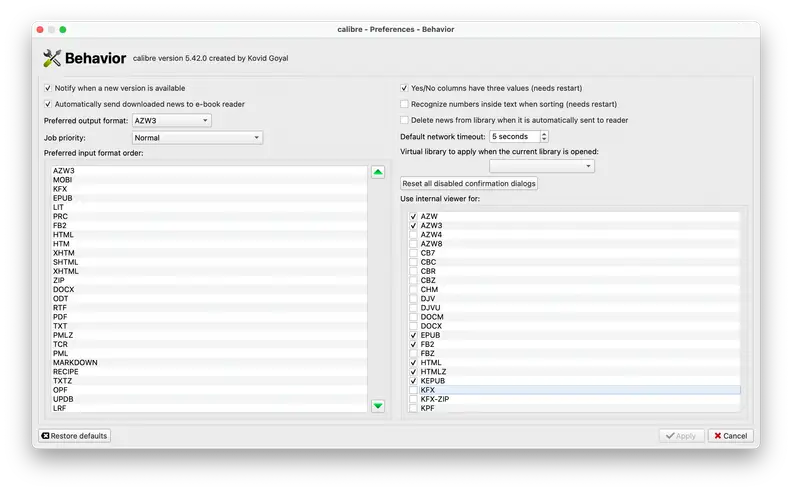 Screenshot of Calibre's preferences settings.