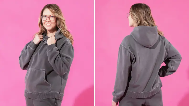The author models the Elwood Core Hoodie