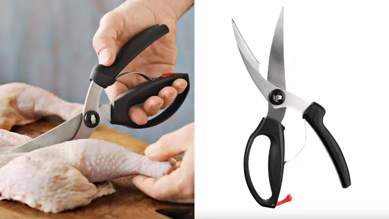 On left, shears cutting a raw chicken. On right, shears open on a white background