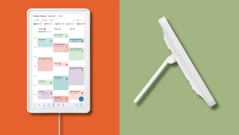 The Skylight Calendar 2 displaying the schedule view with color-coded family events alongside a side profile showing the adjustable stand.