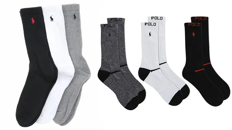 Trio of socks from Ralph Lauren in black, white, and grey, trio of socks with colored heels and toes from Ralph Lauren in grey, white, and black.