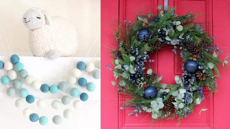 Blue Christmas design elements like wreaths and garland.