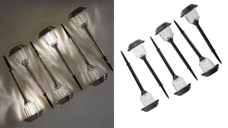 A set of six solar lights, one against a white backdrop and another against concrete, among the best modern outdoor lighting ideas.