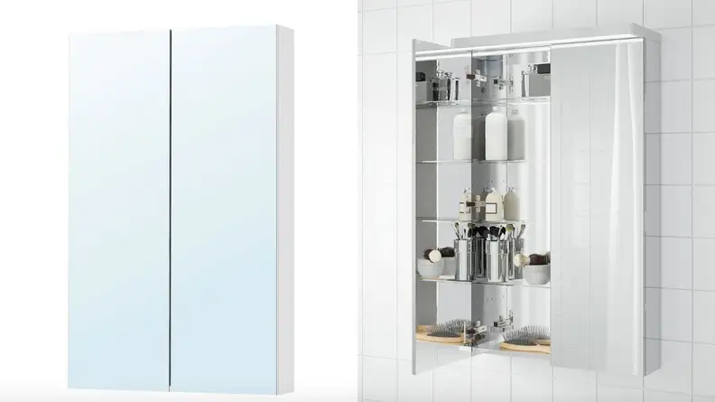 Two images (closed and then open) show a stylish mirror cabinet that holds most of your bathroom necessities.