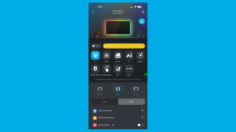 Govee app controls shown on an iPhone screen against a blue background.