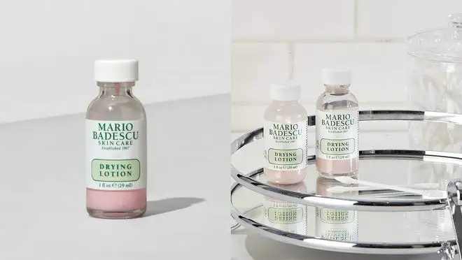 On left, small bottle with pink liquid inside. On right, two small bottles with pink liquid inside on top of mirror tray.