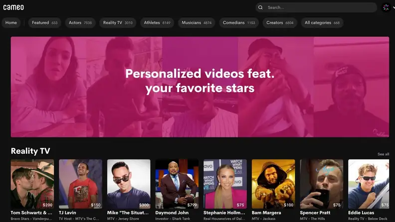 Screenshot of the Cameo video service's home screen. Reality TV stars like 