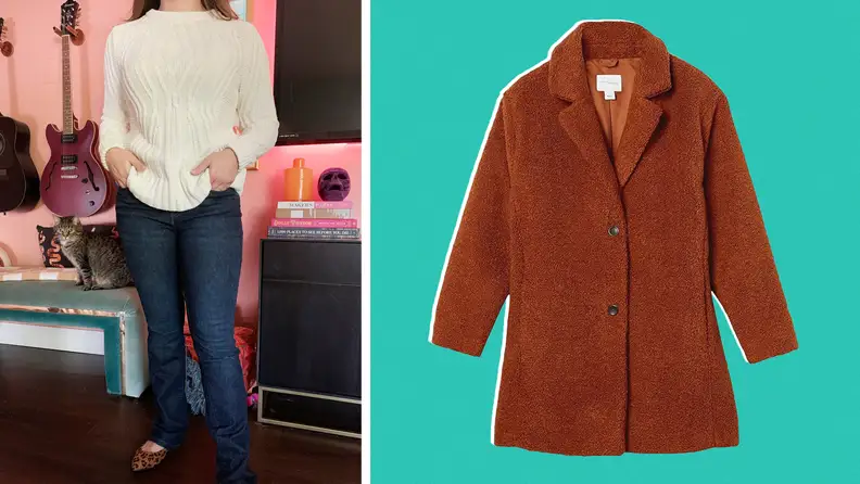 A woman wearing a white cable knit sweater and jeans and also a photo of a model wearing a teddy bear coat.