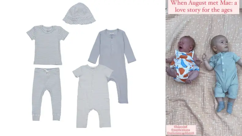 A set of five blue baby clothes. Mandy Moore and Hilary Duff's babies.