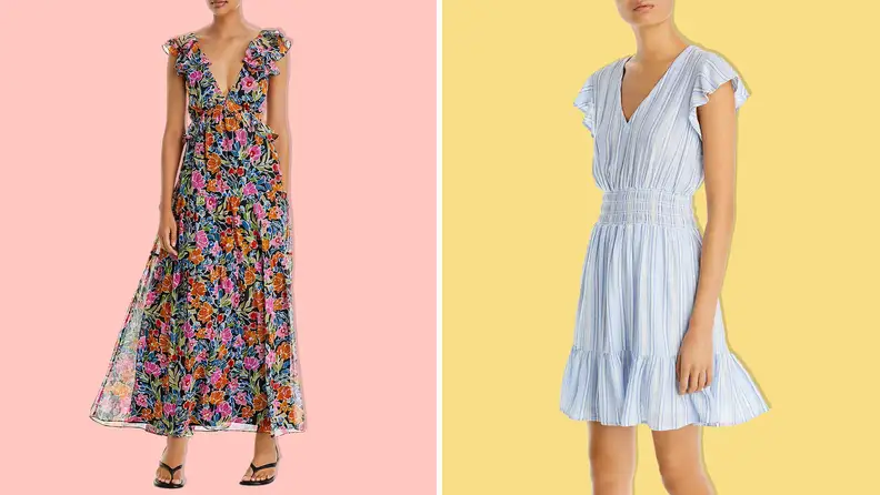 A woman wearing a flowery dress and a woman wearing a light blue and white striped dress on a pink and yellow background.