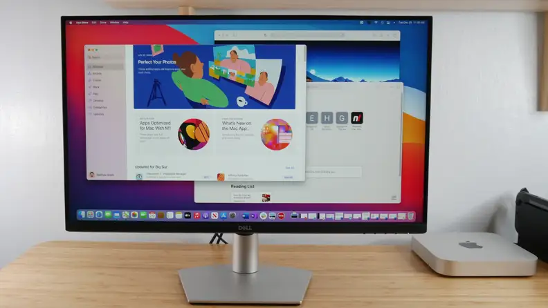 Dell S2721QS with Apple Mac Mini M1 on a desk