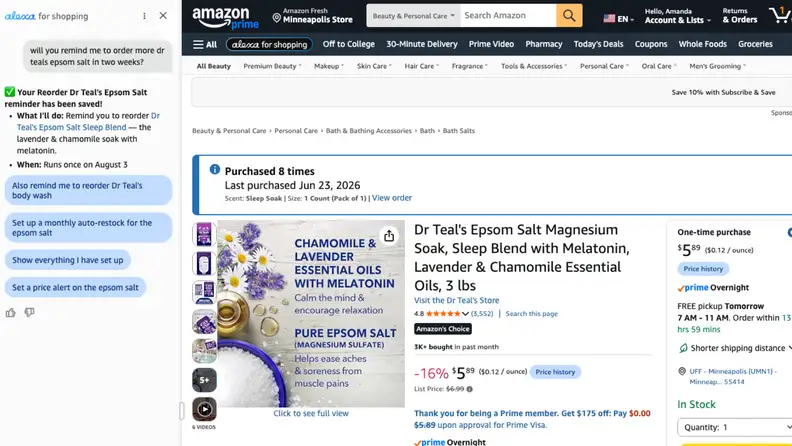 A screenshot of Alexa for Shopping on desktop confirming a scheduled reorder reminder for Dr. Teal's Epsom Salt, with price history displayed on the product page.