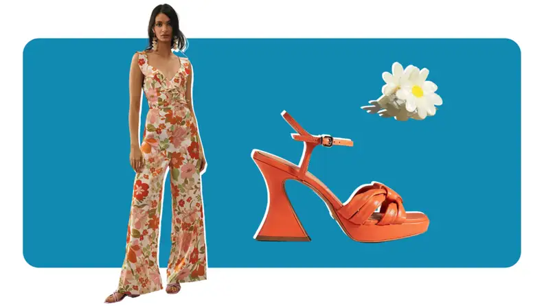 jumpsuit, orange shoe, daisy hair clip.