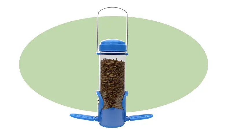 Product shot of the Perky-Pet Blue Dried Mealworm Wild Bird Feeder with Flexports.