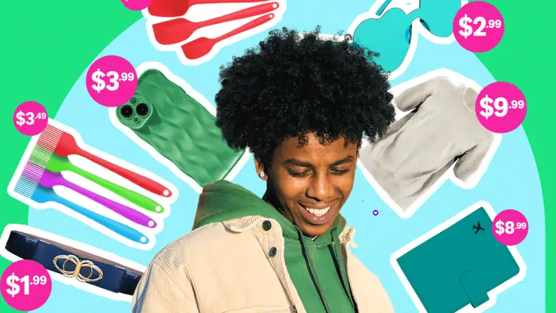 A smiling young person surrounded by various budget-friendly products with pink price tag icons on a teal background.