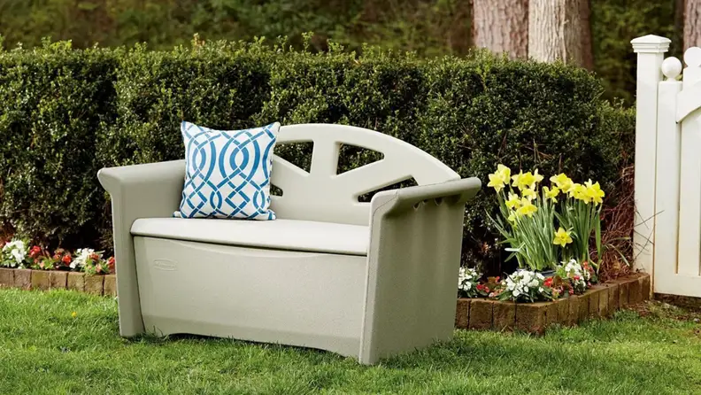 The 32-gallon resin bench doubles as seating for two while storing gear underneath