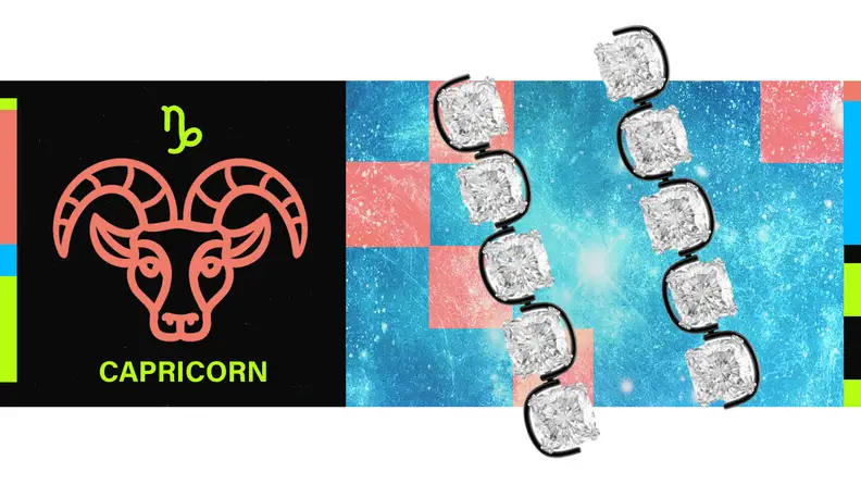 On the left is the symbol for Capricorn, and on the right is a pair of crystal drop earrings.