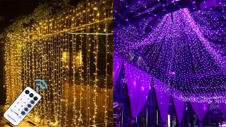 Curtain string lights hanging from a ceiling in purple, and also hanging from a covered patio area, among the best modern outdoor lighting ideas.