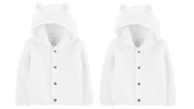Two images of the same white cardigan in waffle-knit with a hood with ears.