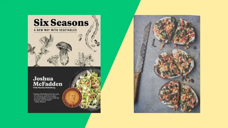Front and back of cookbook cover that have food artwork.
