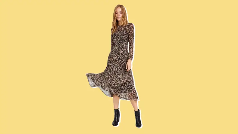 A floral-printed long sleeve dress from Tommy Hilfiger against a yellow background.