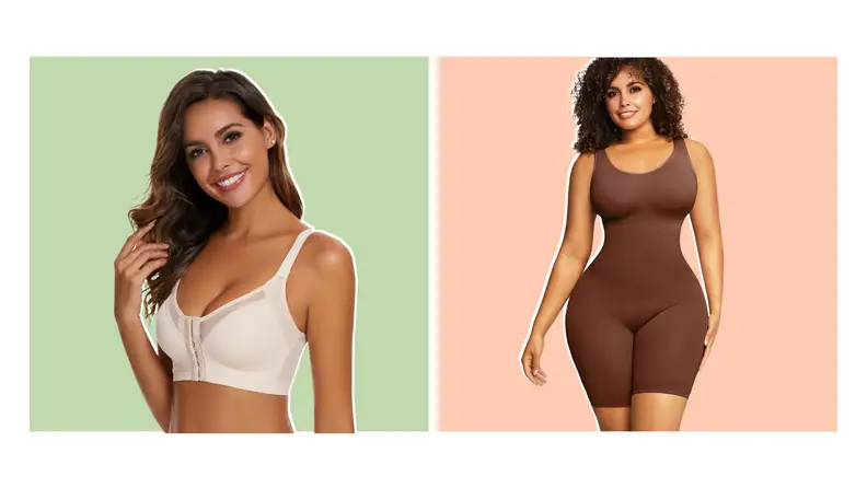 A model wearing a brown bodysuit and a model wearing a posture-correcting cream-colored bra.