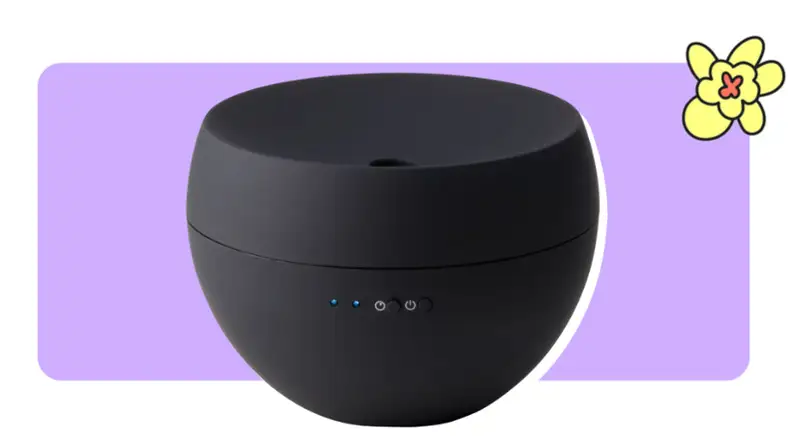 A black Stadler Form Aromatherapy Oil Diffuser in front of purple background with a yellow cartoon flower in the corner.