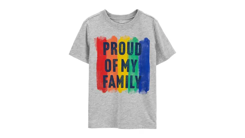 Grey tshirt on a white background with a rainbow on it and the words "Proud of my family" written on it in black lettering