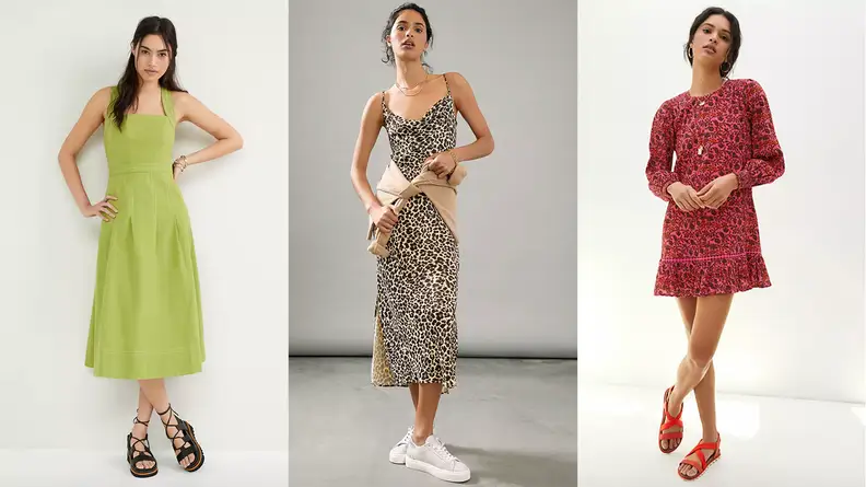 Three women in dresses, among the best things to buy at Anthropologie.