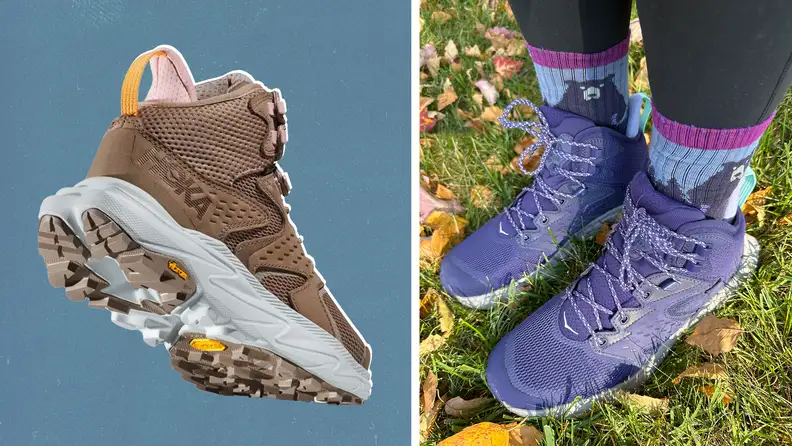 A product shot of a Hoka hiking boot and a detail photograph of someone wearing the same boot in the purple colorway.