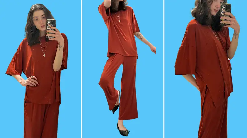 Three images of a woman wearing brown-orange pair of pajamas on a blue background.