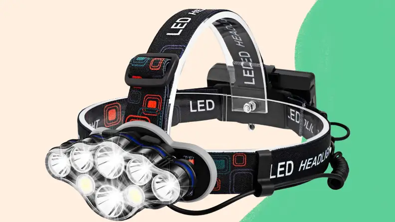 A head lamp against a multicolored background.