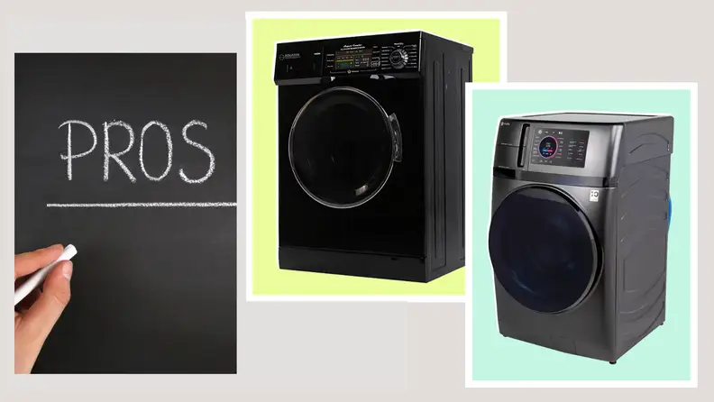 Two washer-dryer combos on pastel background next to a chalkboard that says Pros
