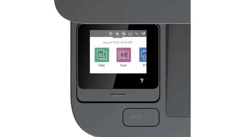 Closeup of the touch screen panel on the HP 3101fdw showing Copy, Scan, and Print options