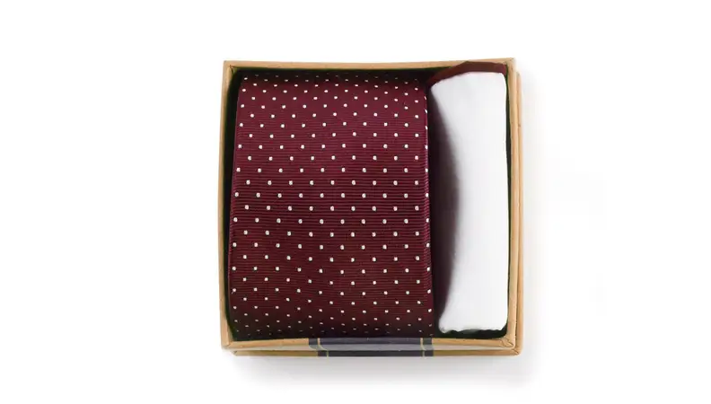 Burgundy dotted tie rolled up in cardboard box.